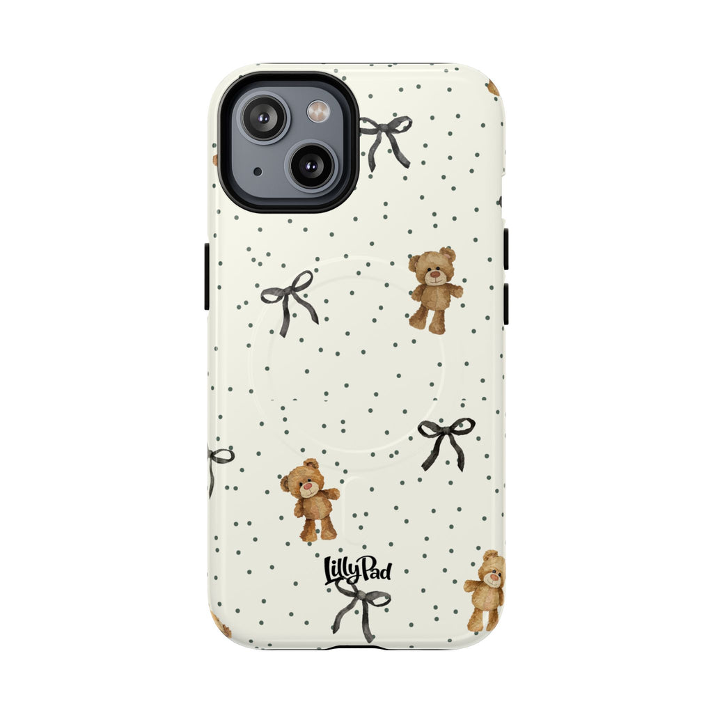 Teddy Bear Pattern Phone Case | Magnetic Tough Case, Polka Dot Bow Design