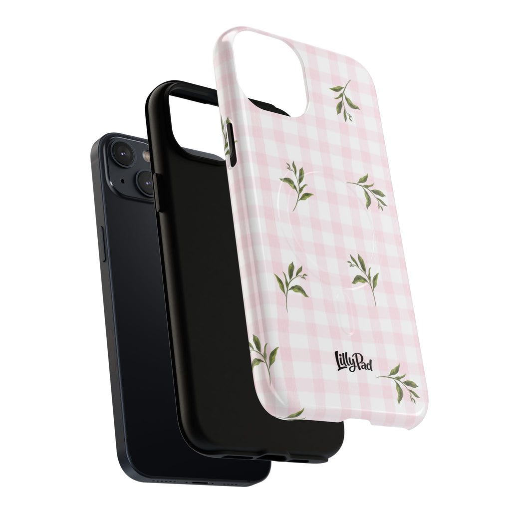 Pink Gingham with Green Leaves phone case | Tough Magnetic Cases