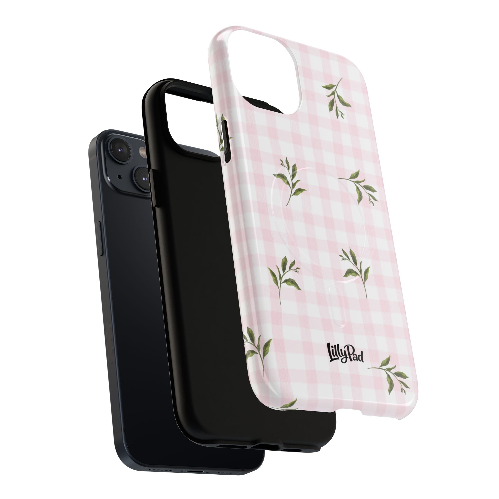 Pink Gingham with Green Leaves phone case | Tough Magnetic Cases