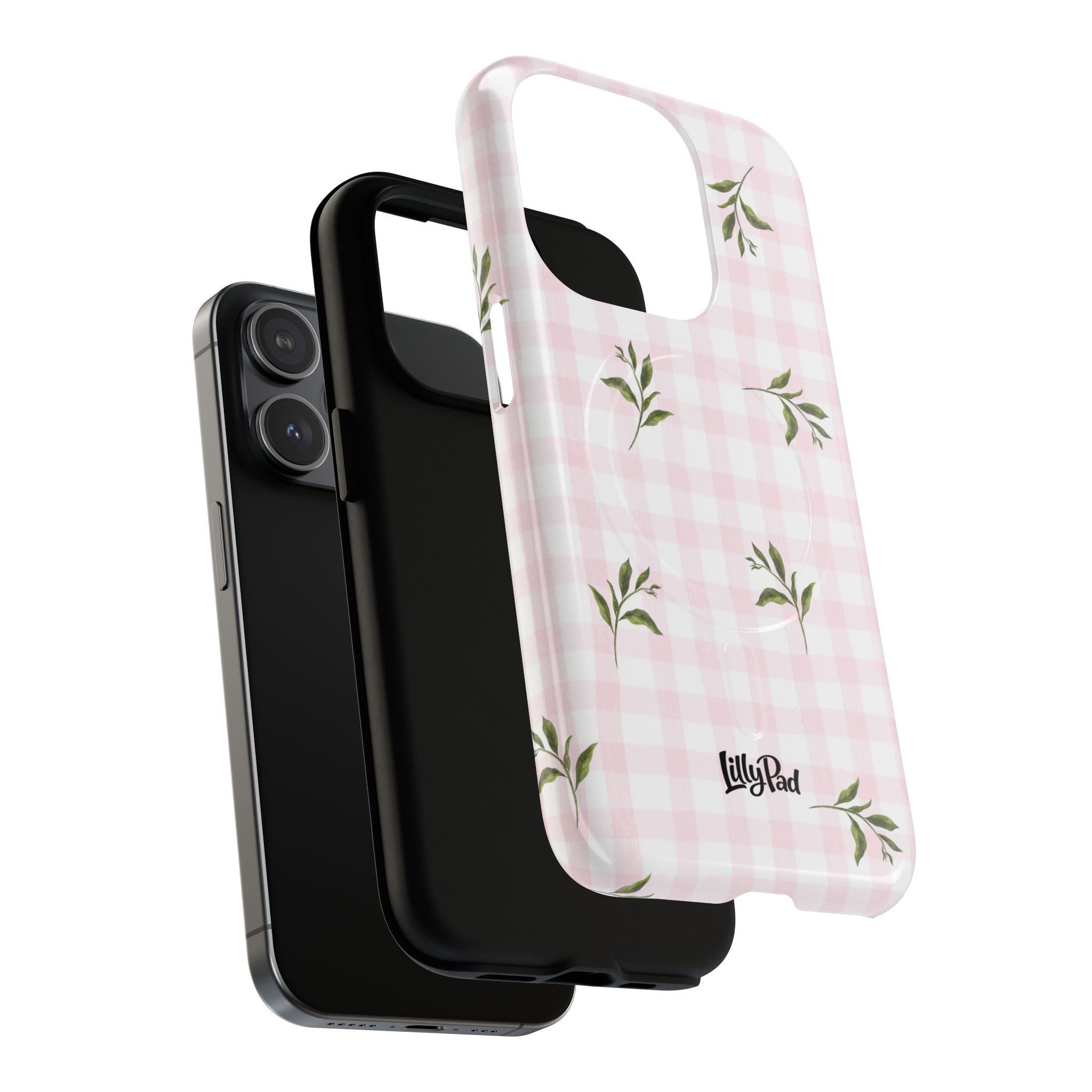 Pink Gingham with Green Leaves phone case | Tough Magnetic Cases