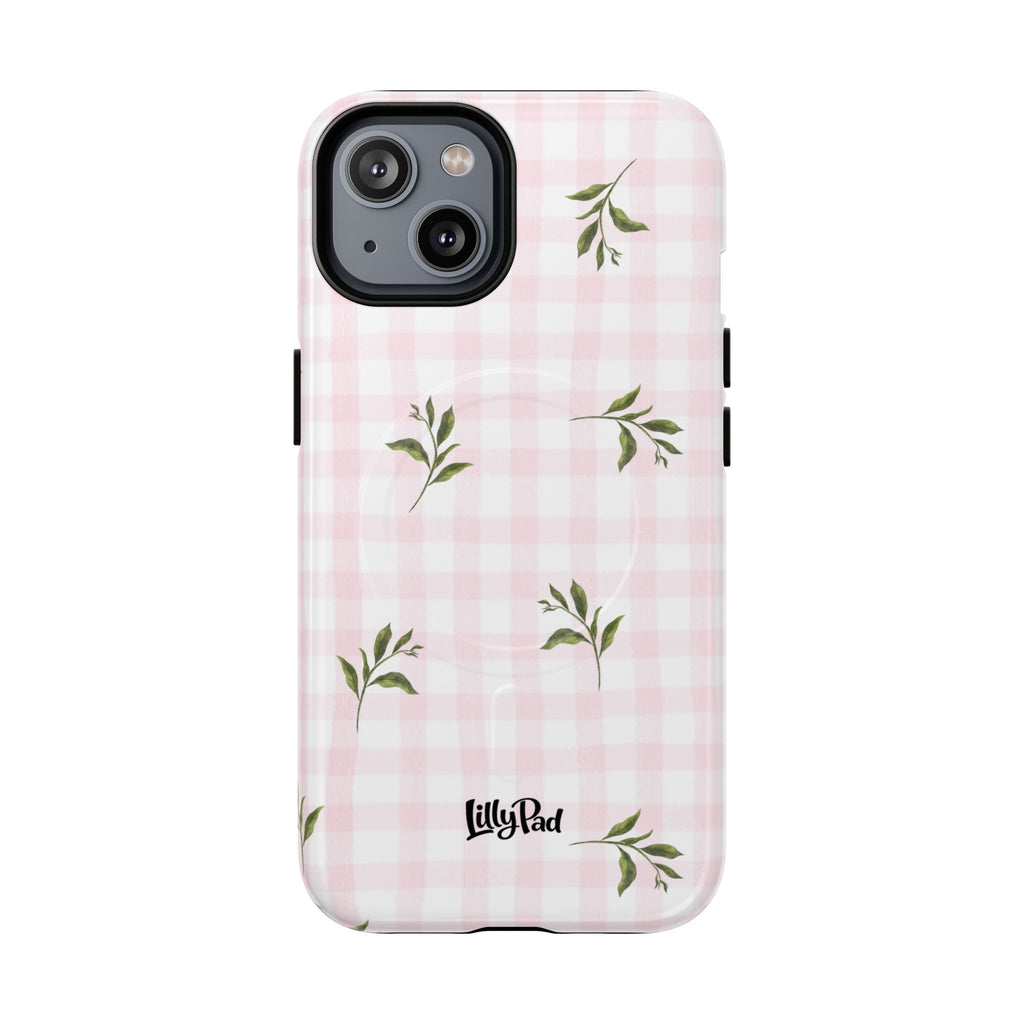 Pink Gingham with Green Leaves phone case | Tough Magnetic Cases