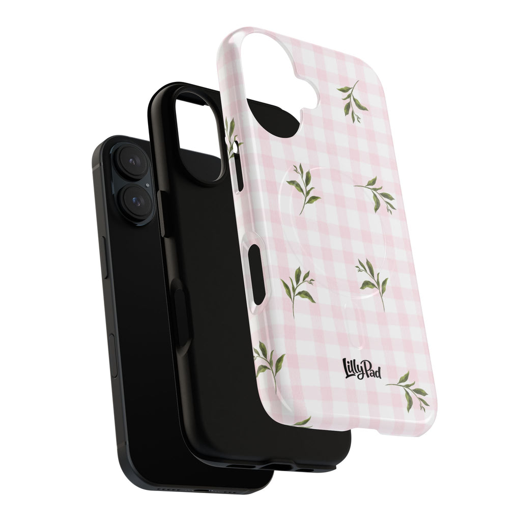 Pink Gingham with Green Leaves phone case | Tough Magnetic Cases