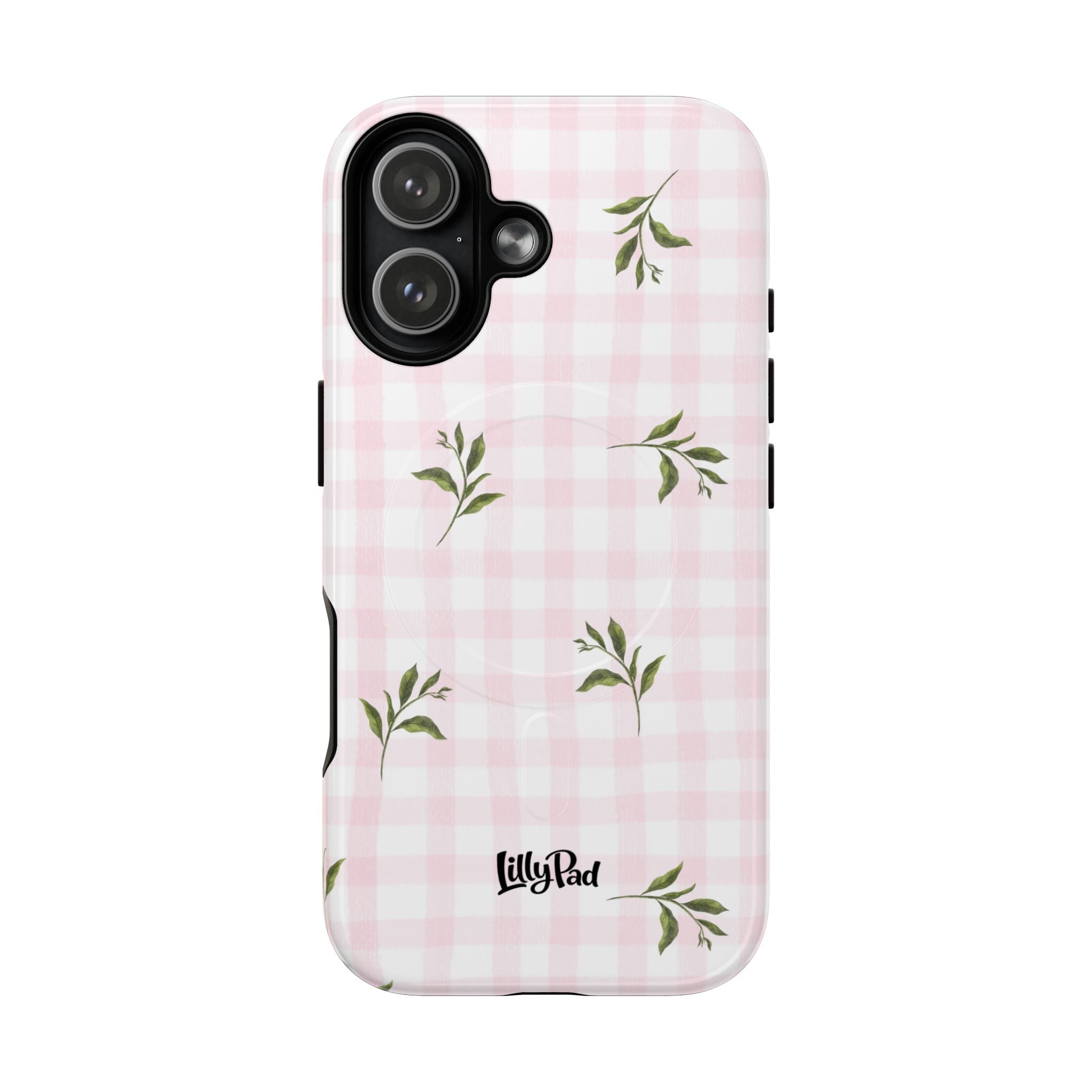Pink Gingham with Green Leaves phone case | Tough Magnetic Cases