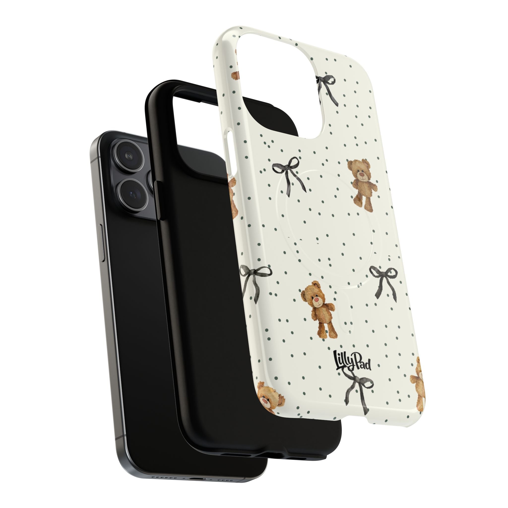 Teddy Bear Pattern Phone Case | Magnetic Tough Case, Polka Dot Bow Design