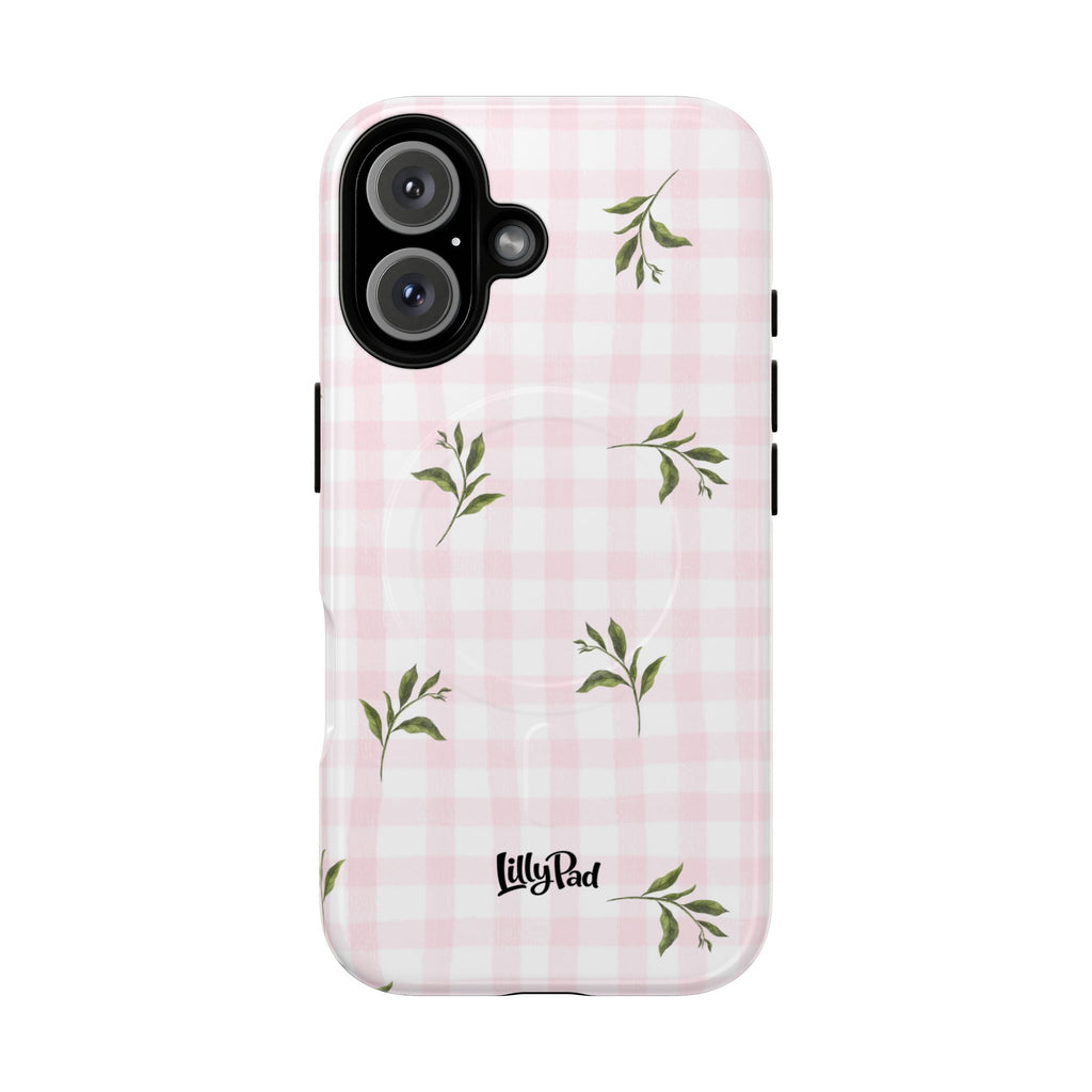 Pink Gingham with Green Leaves phone case | Tough Magnetic Cases