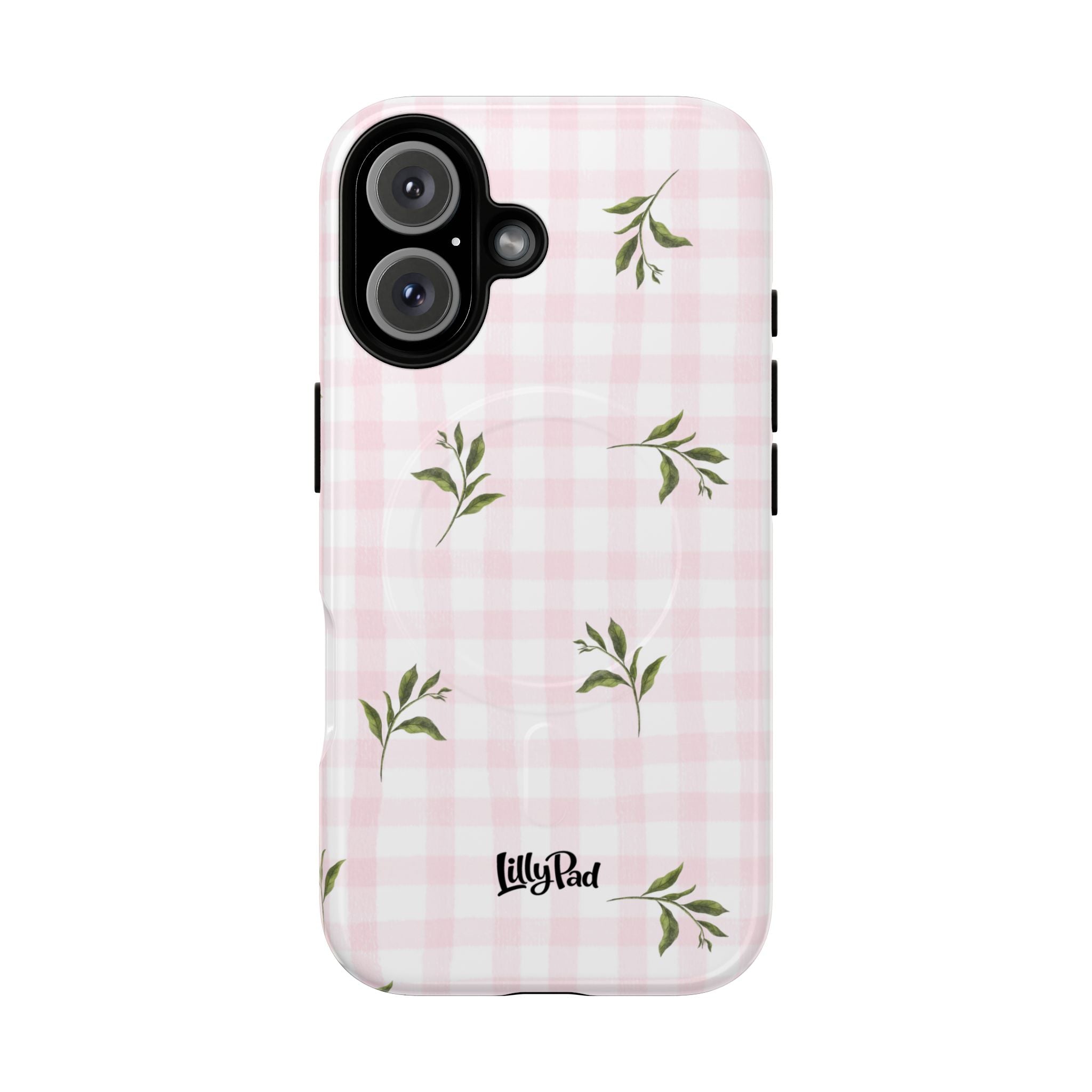 Pink Gingham with Green Leaves phone case | Tough Magnetic Cases