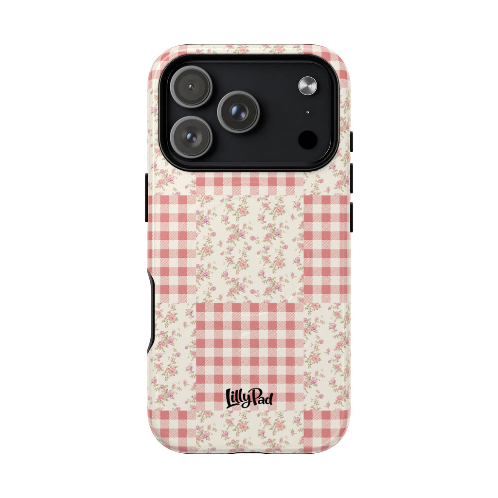 Pink Gingham Flower Phone Case | Tough Magnetic Case