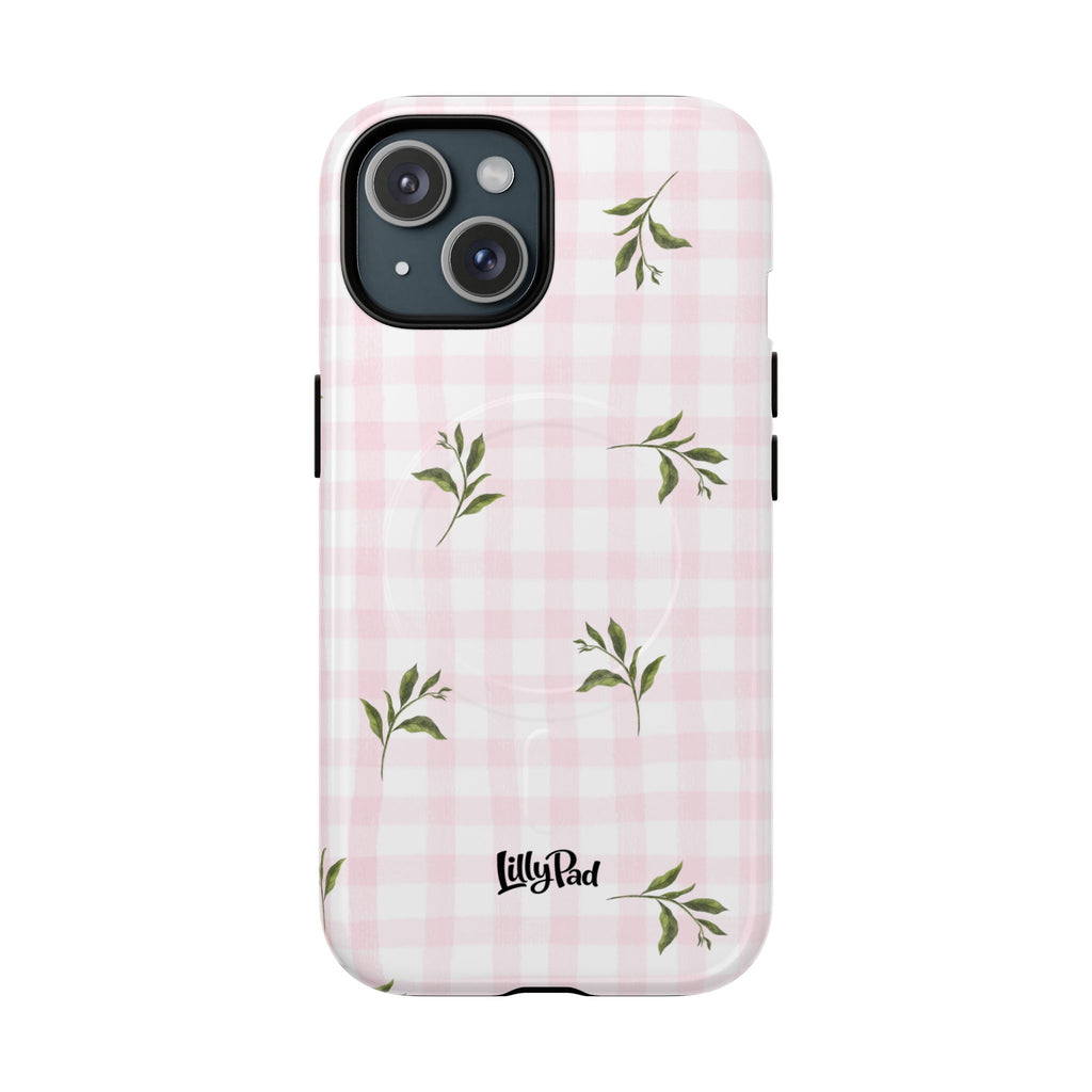 Pink Gingham with Green Leaves phone case | Tough Magnetic Cases