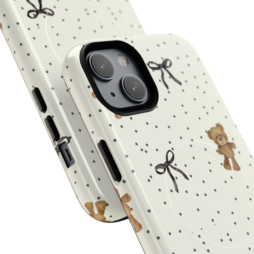 Teddy Bear Pattern Phone Case | Magnetic Tough Case, Polka Dot Bow Design
