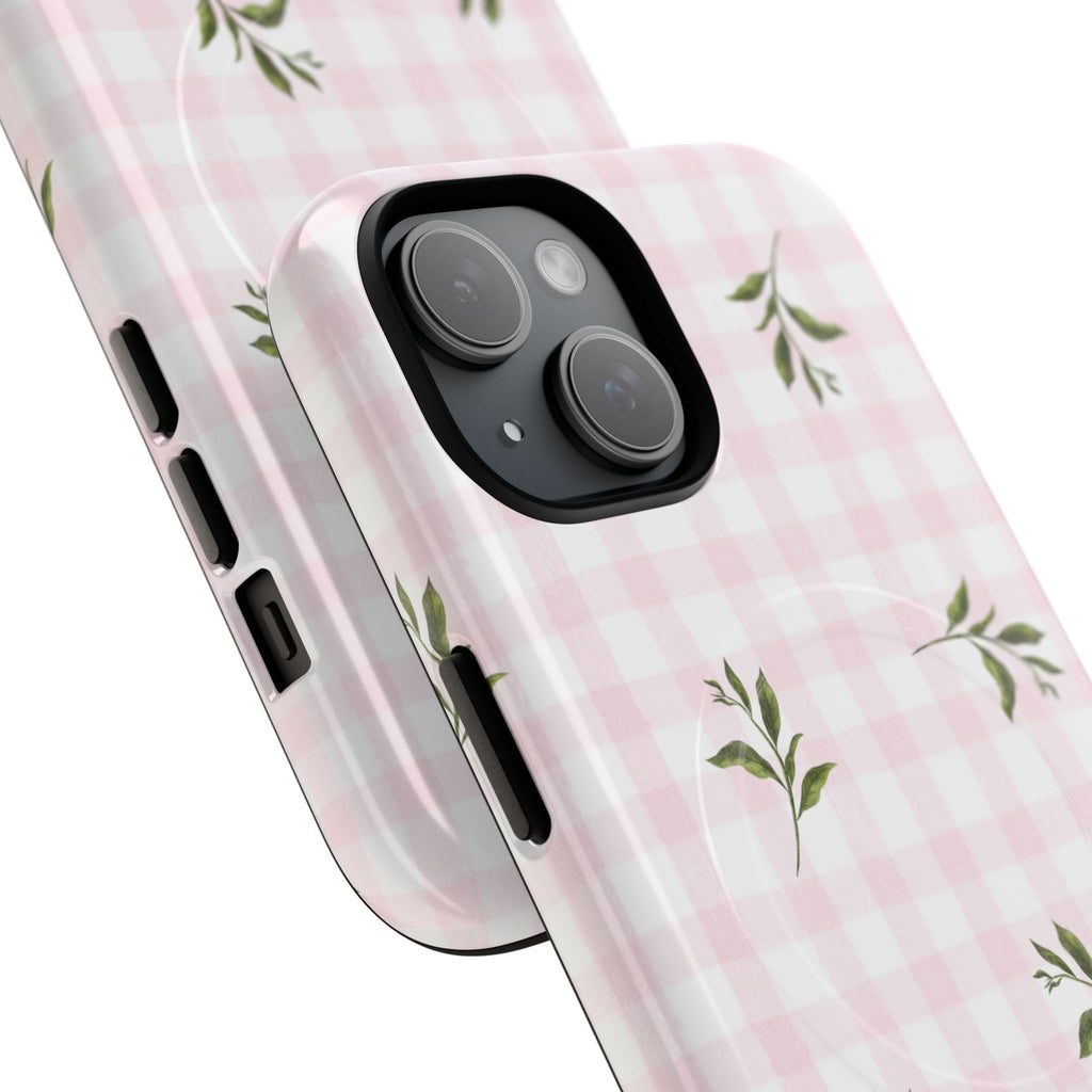 Pink Gingham with Green Leaves phone case | Tough Magnetic Cases