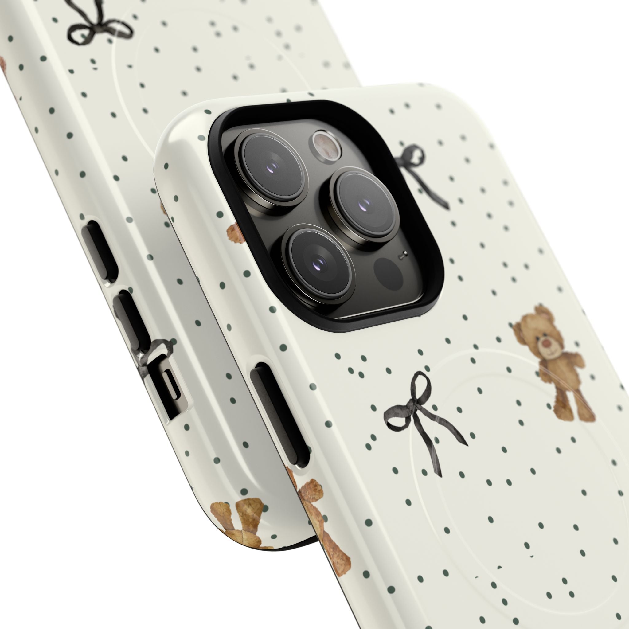 Teddy Bear Pattern Phone Case | Magnetic Tough Case, Polka Dot Bow Design