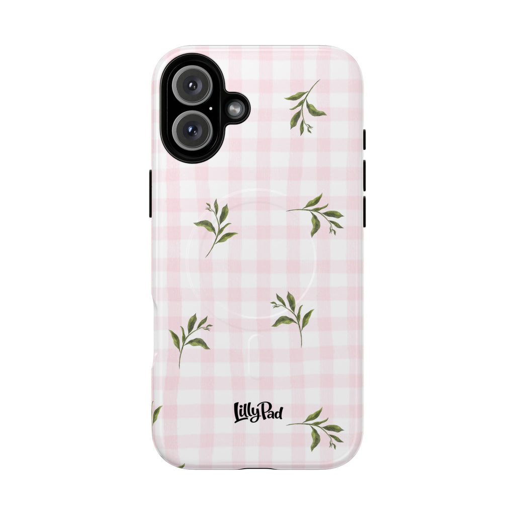 Pink Gingham with Green Leaves phone case | Tough Magnetic Cases
