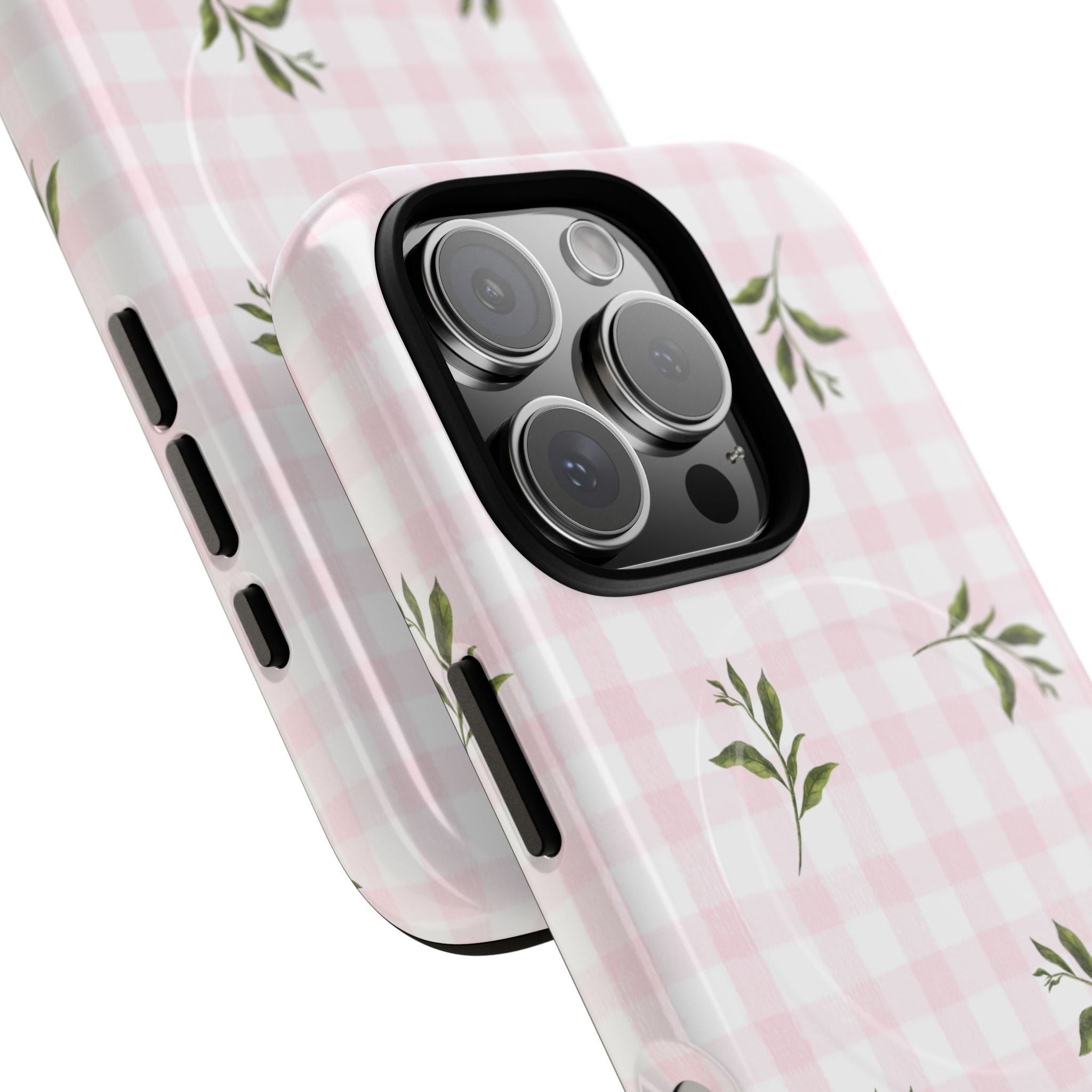 Pink Gingham with Green Leaves phone case | Tough Magnetic Cases