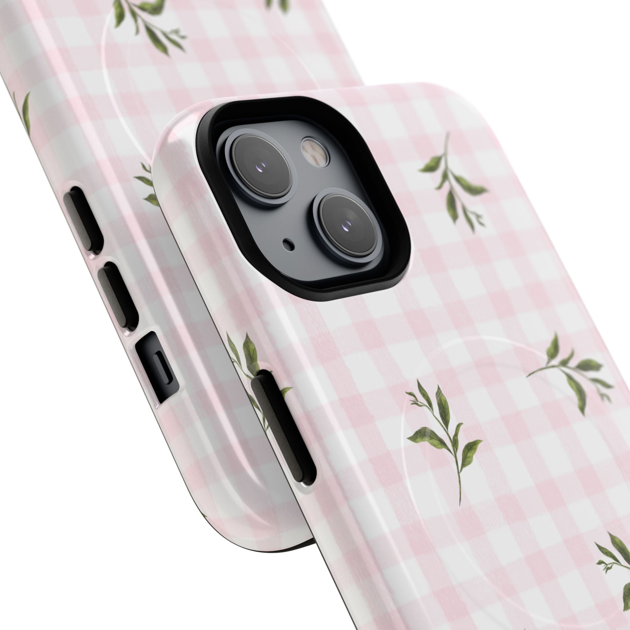 Pink Gingham with Green Leaves phone case | Tough Magnetic Cases