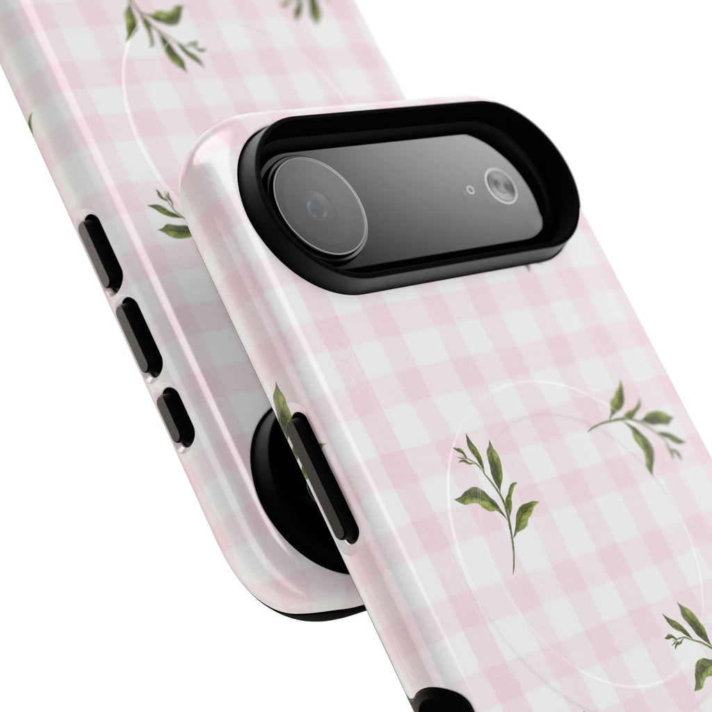 Pink Gingham with Green Leaves phone case | Tough Magnetic Cases