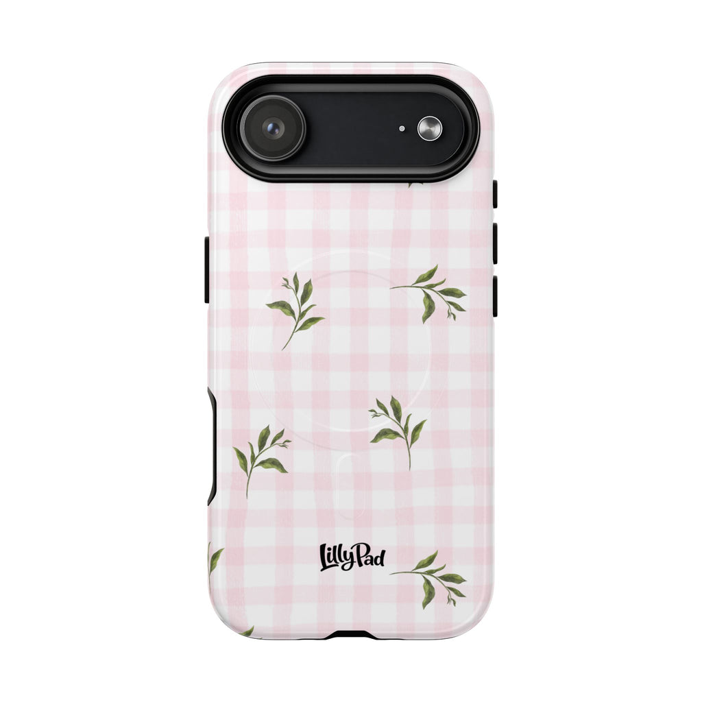 Pink Gingham with Green Leaves phone case | Tough Magnetic Cases