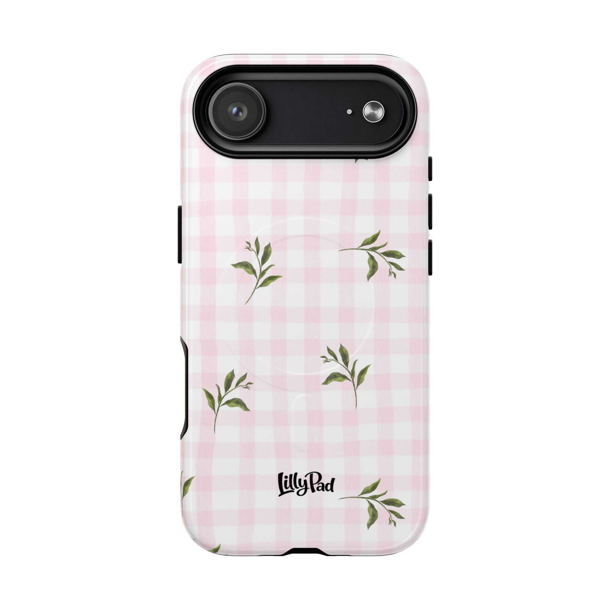 Pink Gingham with Green Leaves phone case | Tough Magnetic Cases