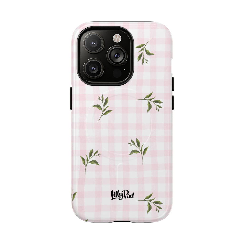 Pink Gingham with Green Leaves phone case | Tough Magnetic Cases