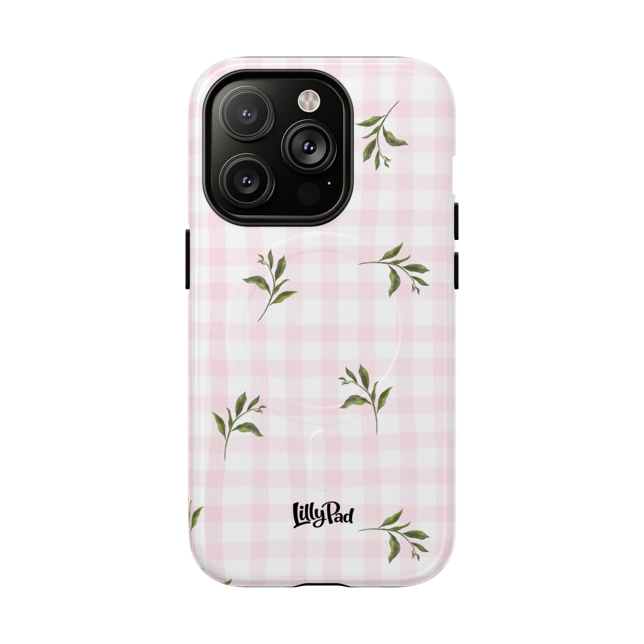 Pink Gingham with Green Leaves phone case | Tough Magnetic Cases