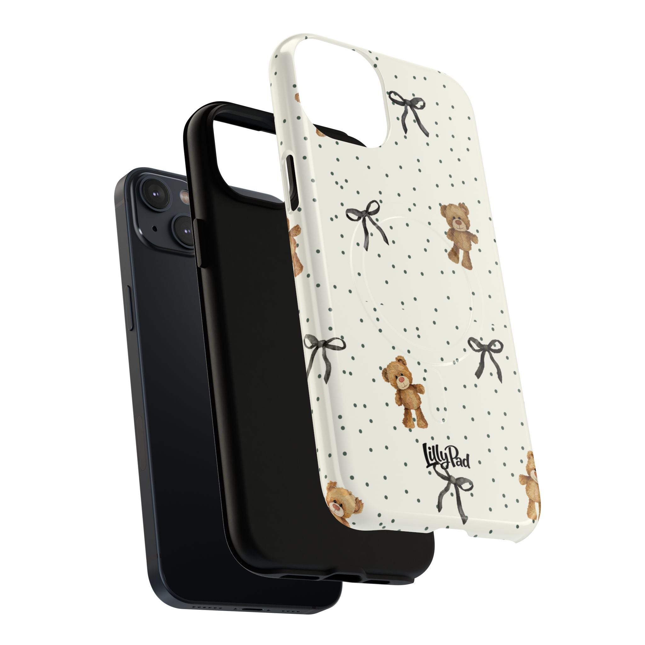 Teddy Bear Pattern Phone Case | Magnetic Tough Case, Polka Dot Bow Design