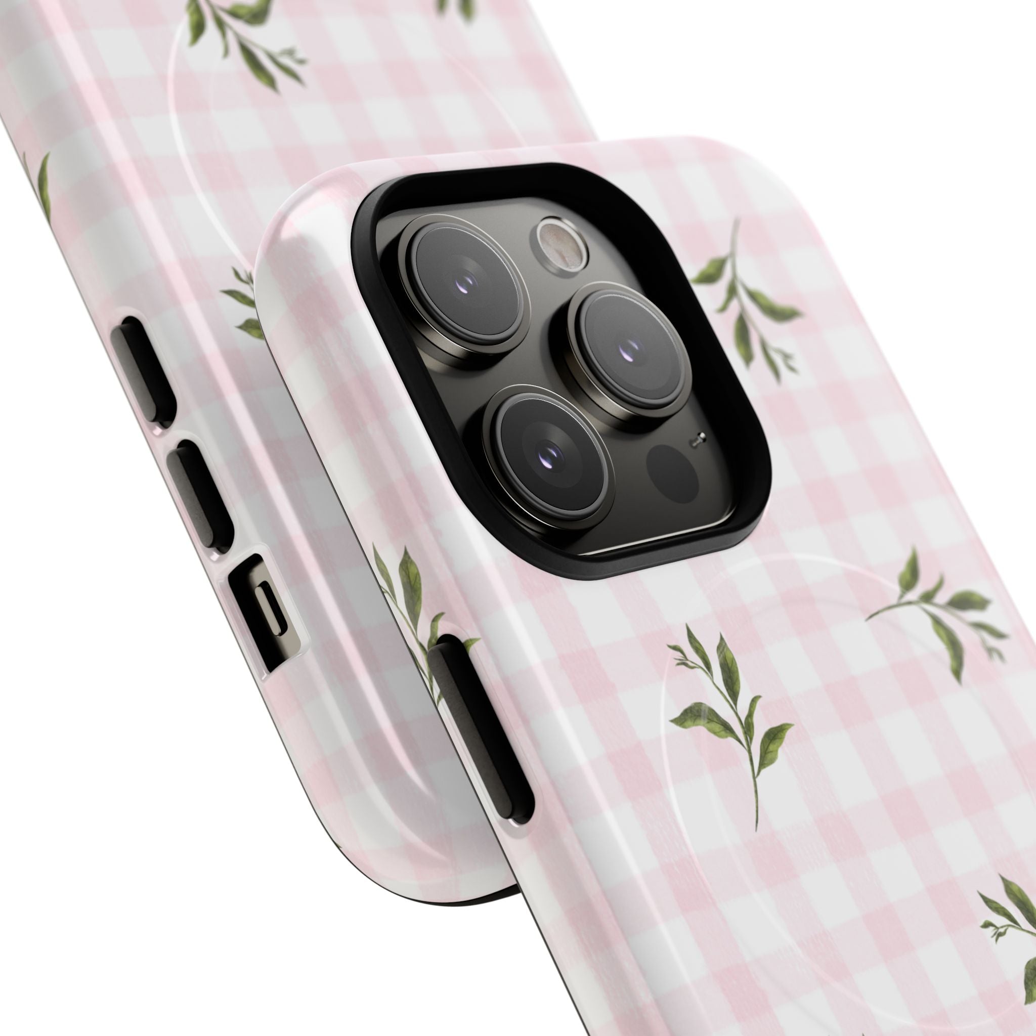 Pink Gingham with Green Leaves phone case | Tough Magnetic Cases