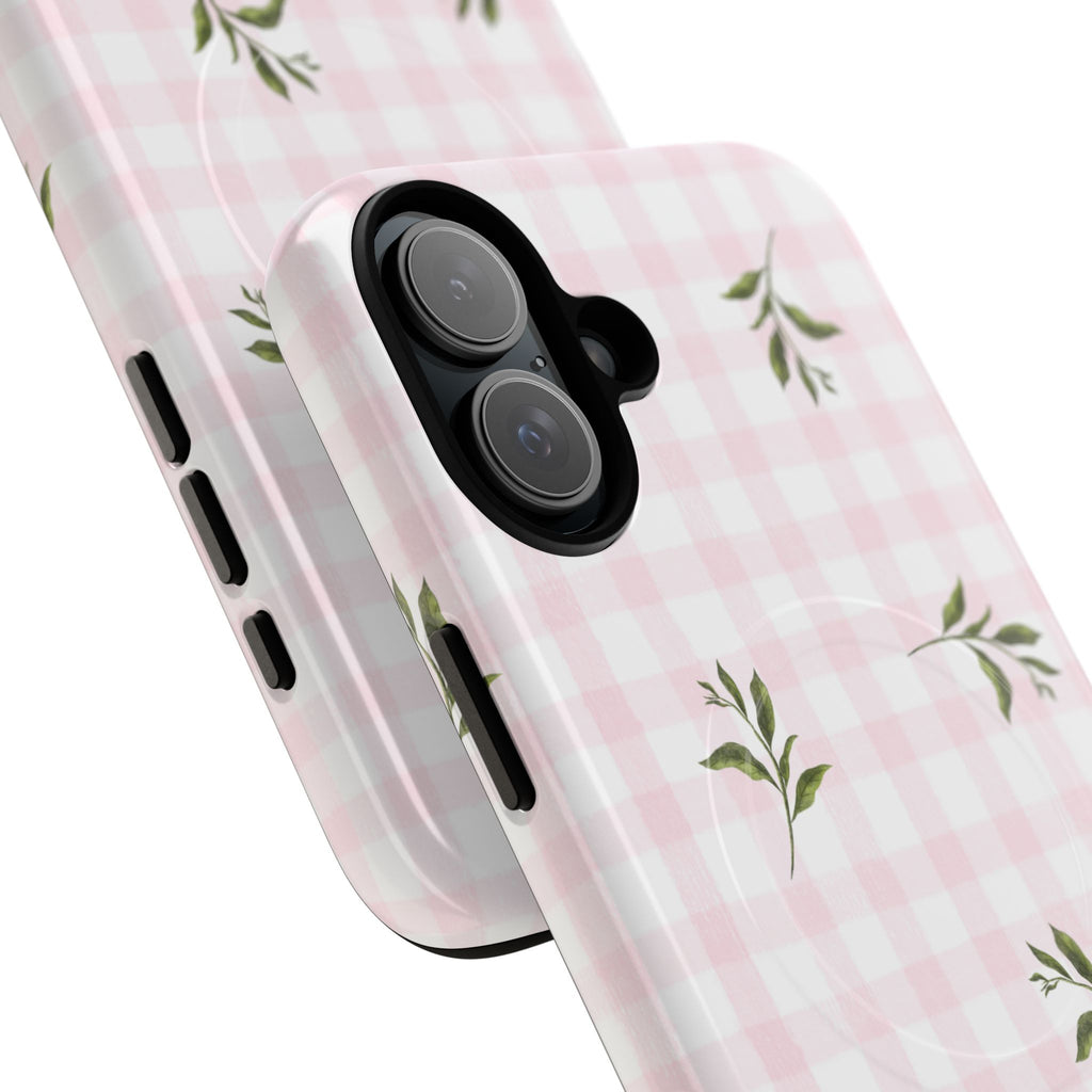 Pink Gingham with Green Leaves phone case | Tough Magnetic Cases