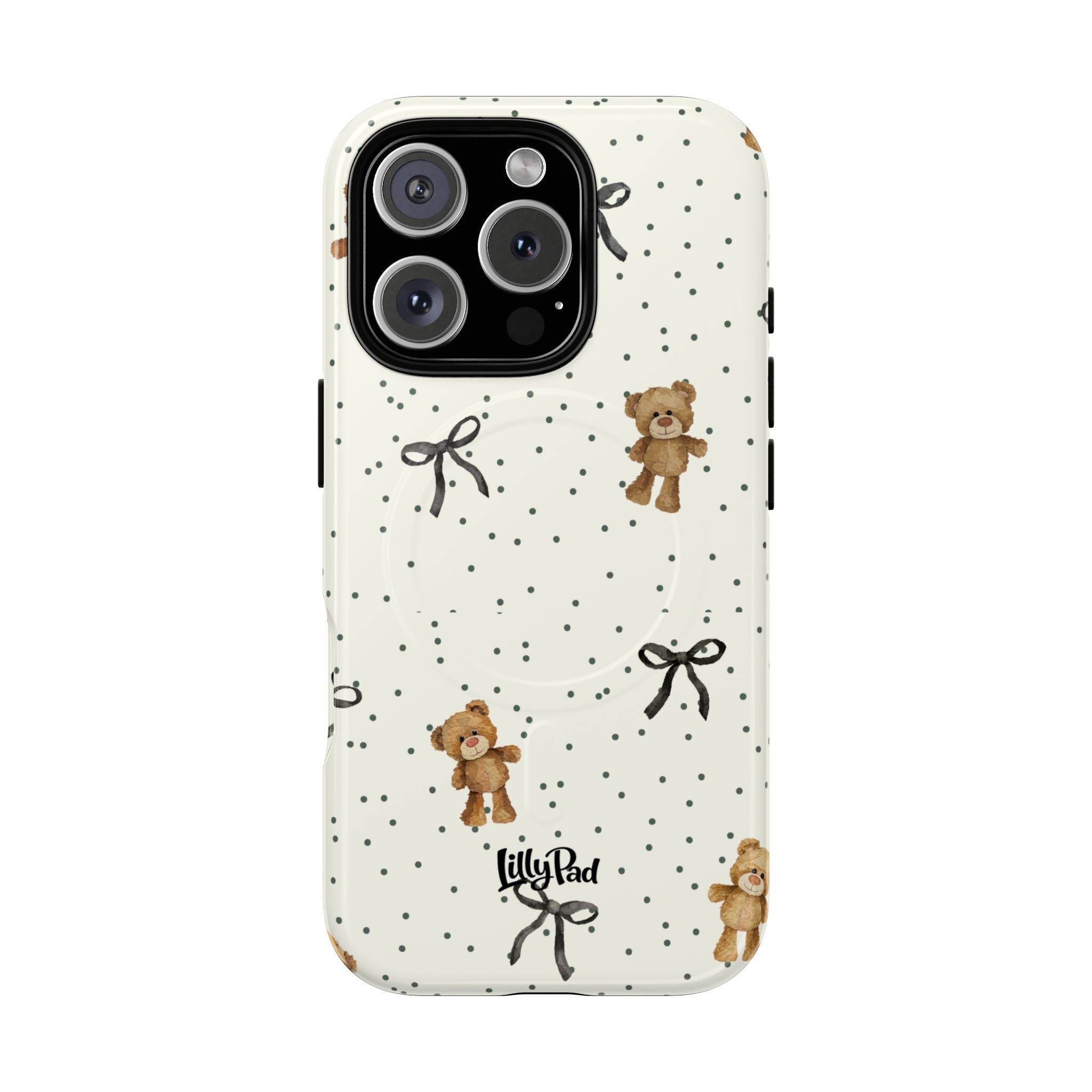 Teddy Bear Pattern Phone Case | Magnetic Tough Case, Polka Dot Bow Design