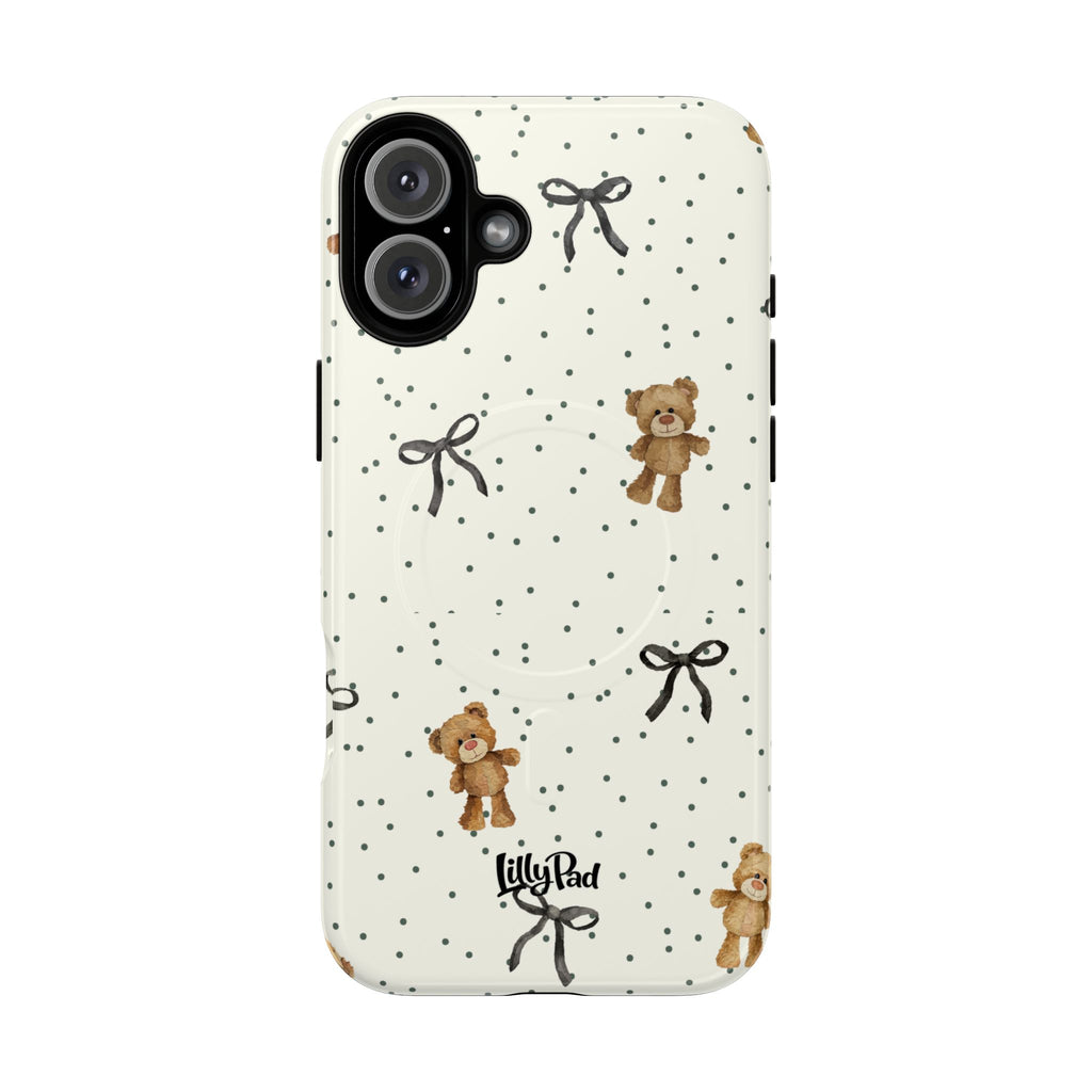 Teddy Bear Pattern Phone Case | Magnetic Tough Case, Polka Dot Bow Design