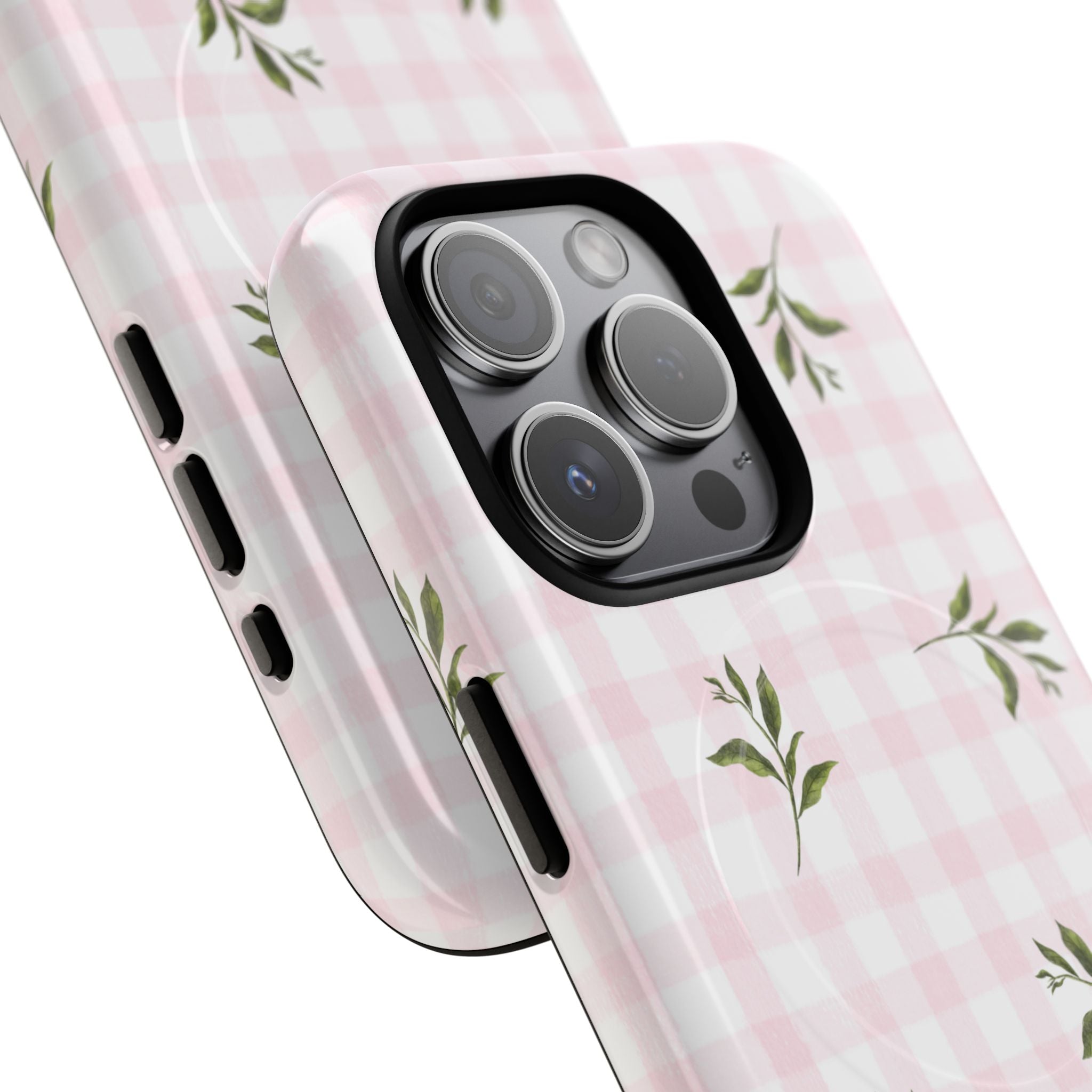 Pink Gingham with Green Leaves phone case | Tough Magnetic Cases