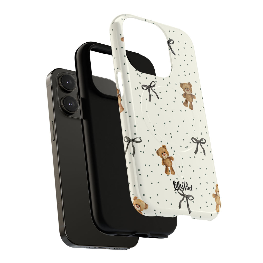 Teddy Bear Pattern Phone Case | Magnetic Tough Case, Polka Dot Bow Design