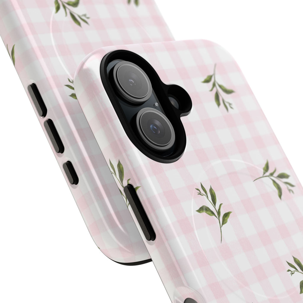 Pink Gingham with Green Leaves phone case | Tough Magnetic Cases