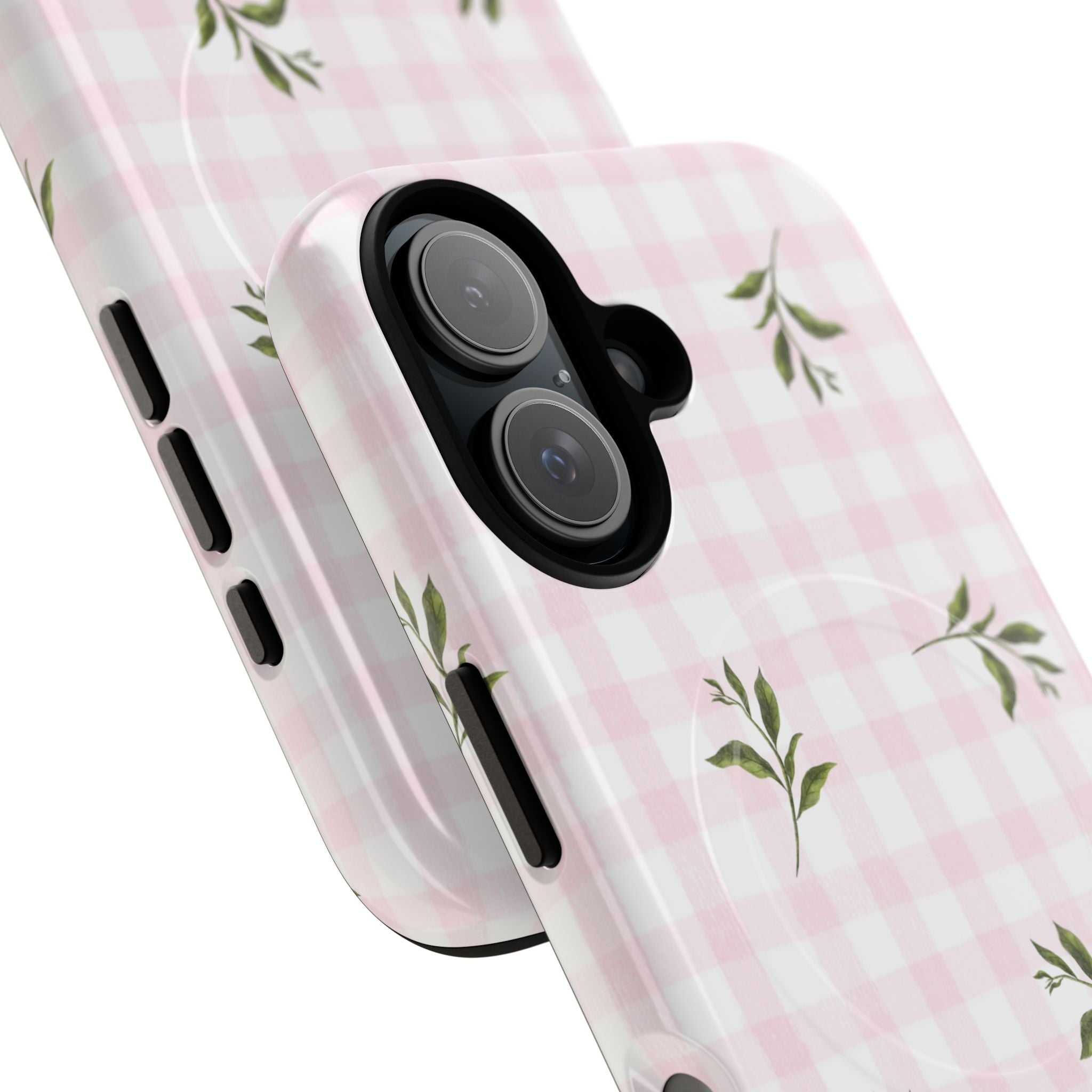 Pink Gingham with Green Leaves phone case | Tough Magnetic Cases