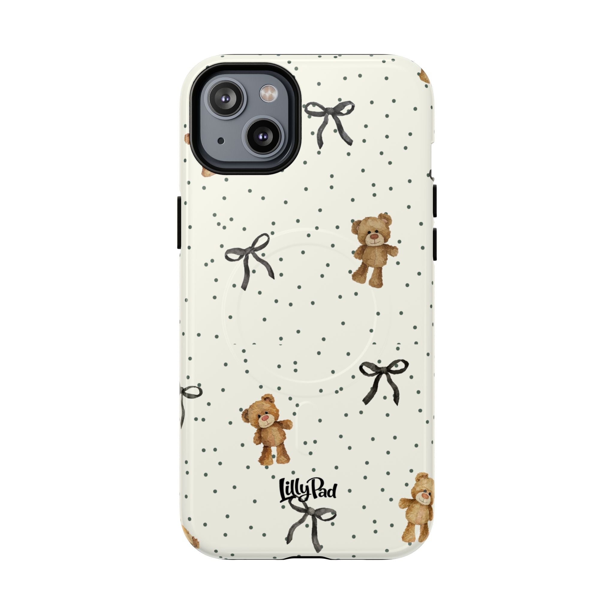 Teddy Bear Pattern Phone Case | Magnetic Tough Case, Polka Dot Bow Design