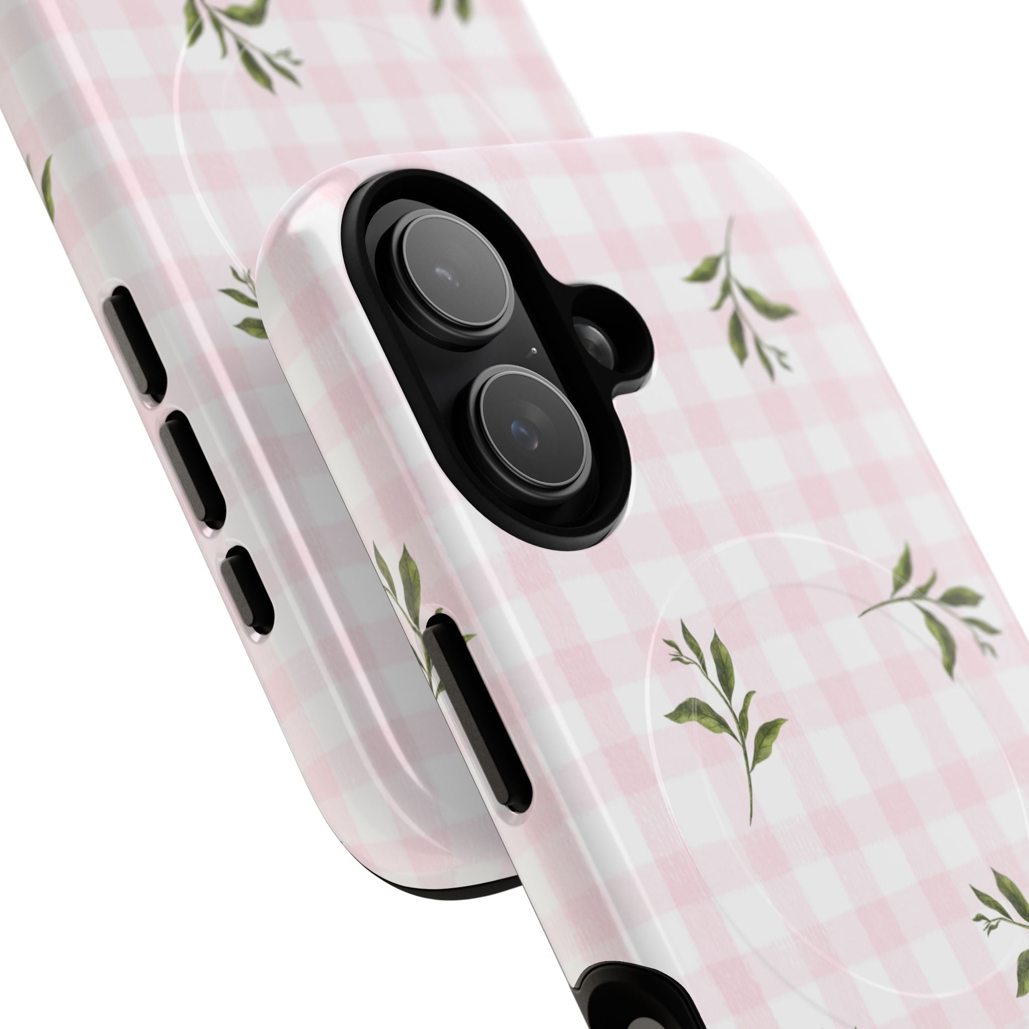 Pink Gingham with Green Leaves phone case | Tough Magnetic Cases