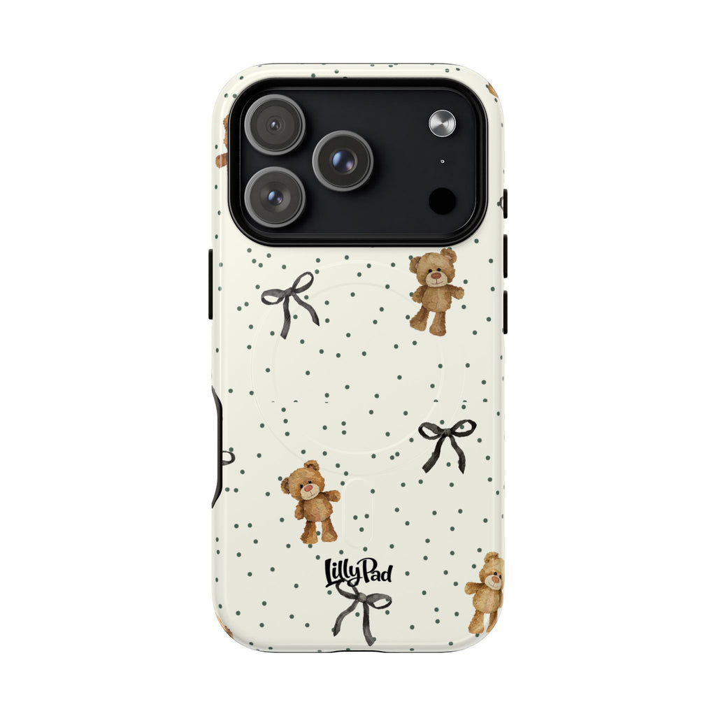Teddy Bear Pattern Phone Case | Magnetic Tough Case, Polka Dot Bow Design