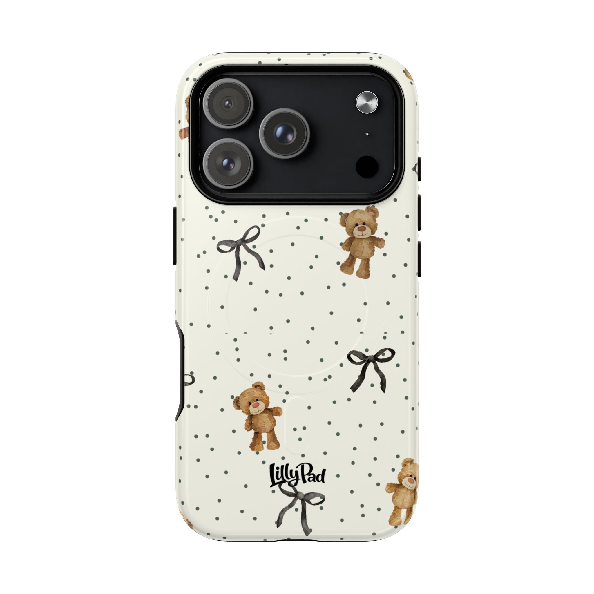 Teddy Bear Pattern Phone Case | Magnetic Tough Case, Polka Dot Bow Design