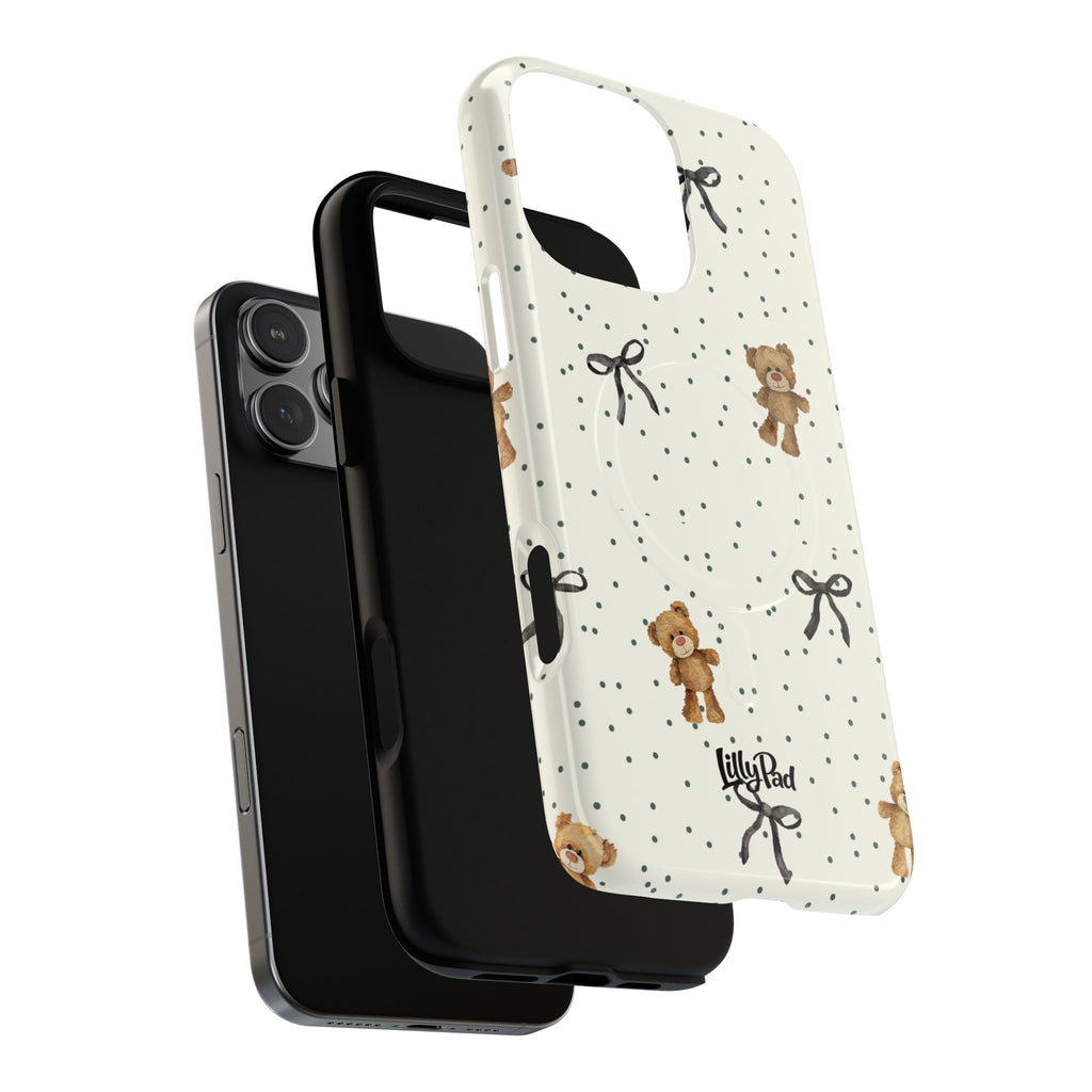 Teddy Bear Pattern Phone Case | Magnetic Tough Case, Polka Dot Bow Design
