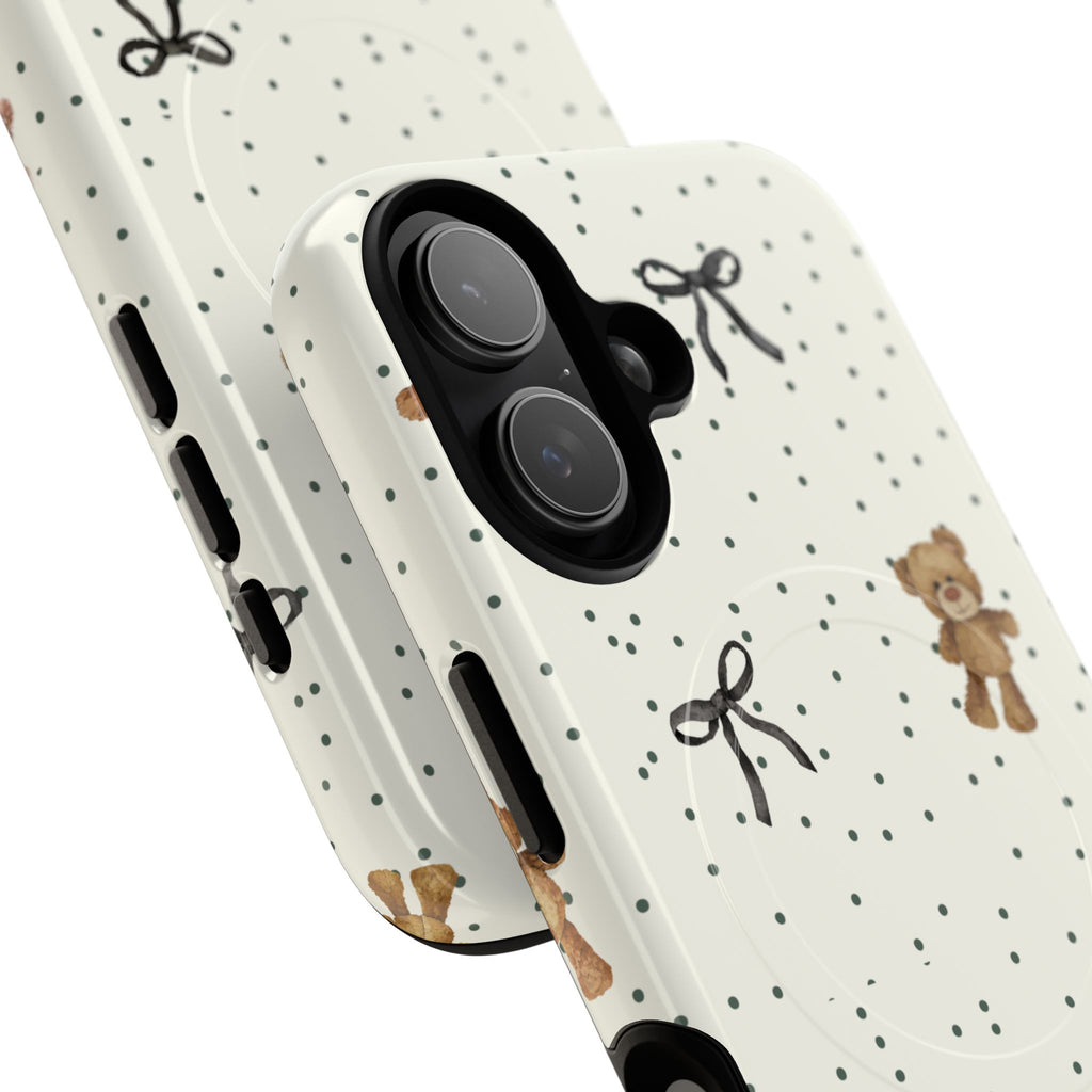 Teddy Bear Pattern Phone Case | Magnetic Tough Case, Polka Dot Bow Design