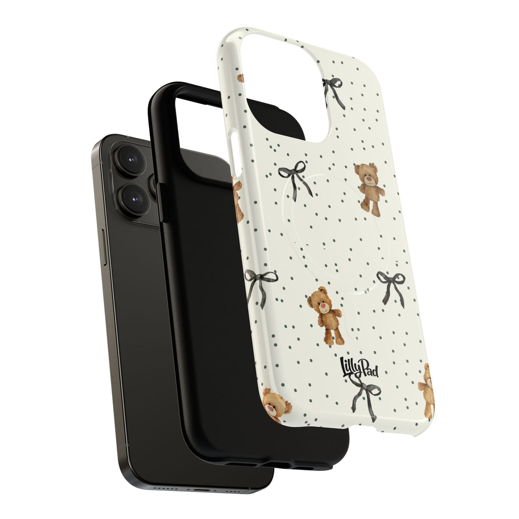 Teddy Bear Pattern Phone Case | Magnetic Tough Case, Polka Dot Bow Design
