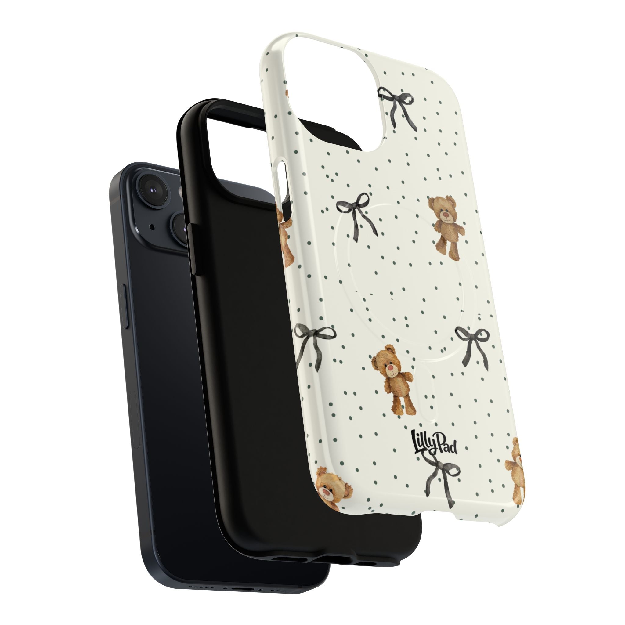 Teddy Bear Pattern Phone Case | Magnetic Tough Case, Polka Dot Bow Design