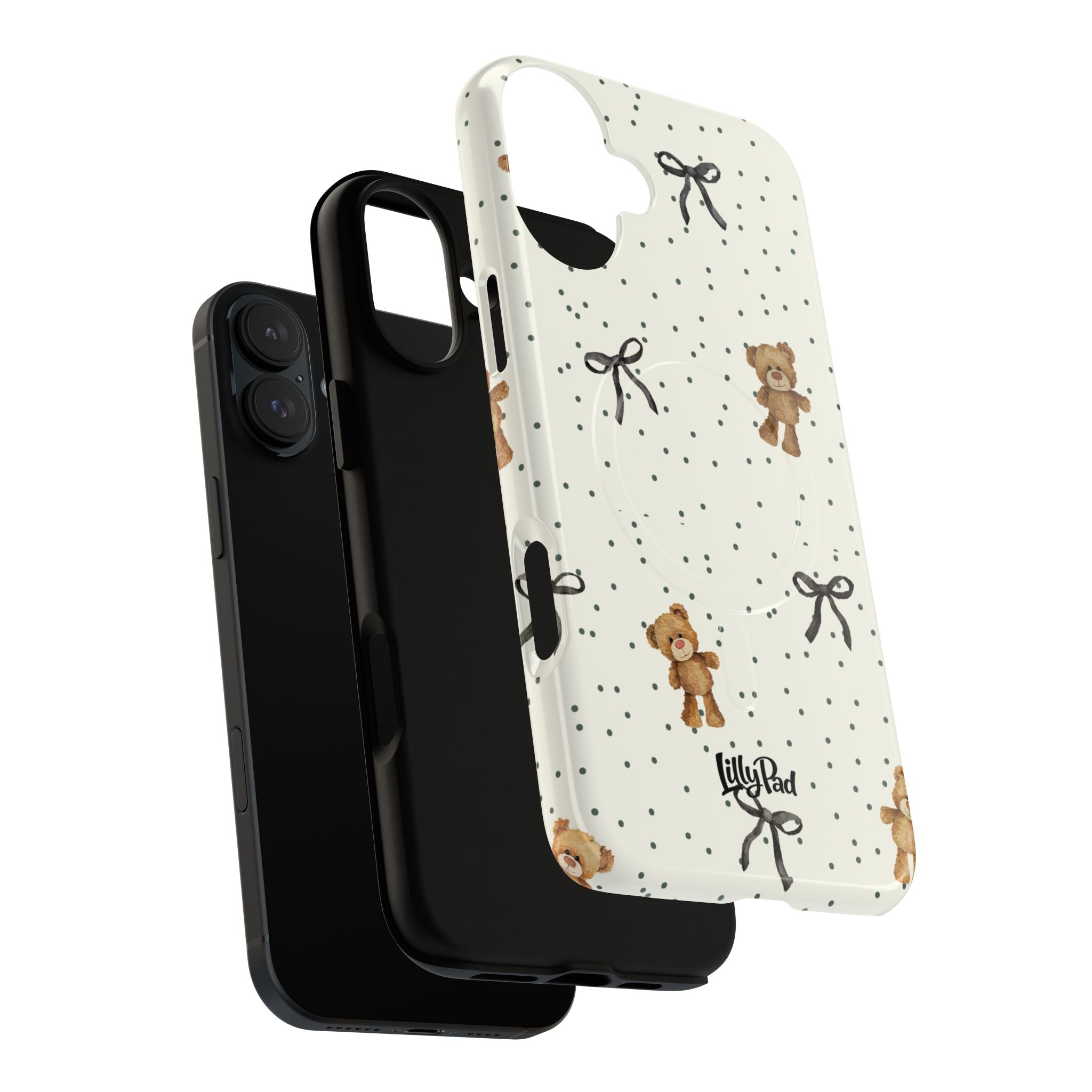 Teddy Bear Pattern Phone Case | Magnetic Tough Case, Polka Dot Bow Design