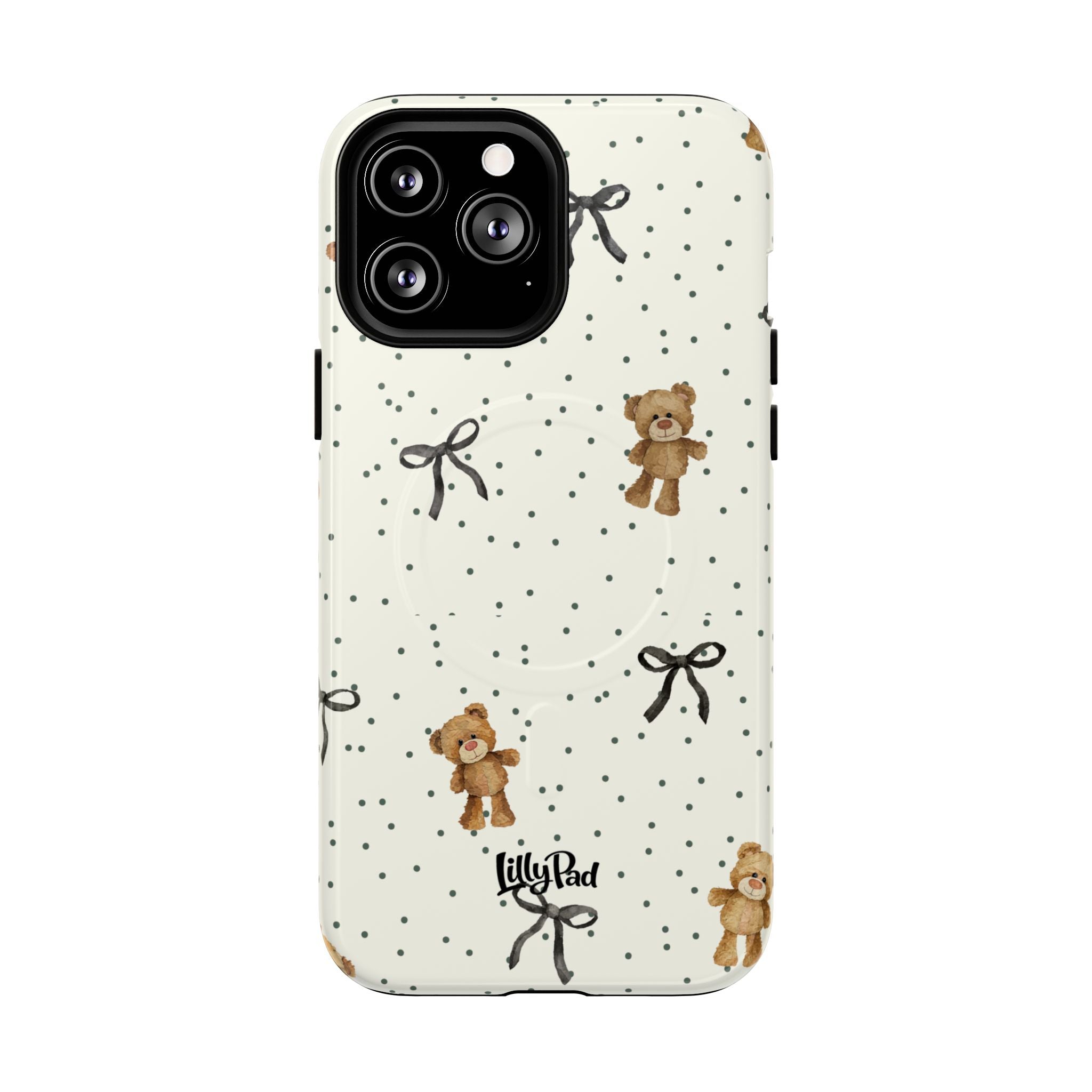 Teddy Bear Pattern Phone Case | Magnetic Tough Case, Polka Dot Bow Design