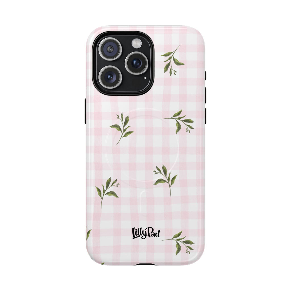 Pink Gingham with Green Leaves phone case | Tough Magnetic Cases
