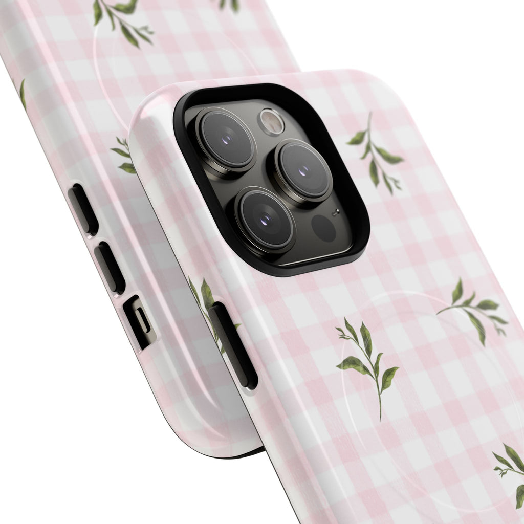 Pink Gingham with Green Leaves phone case | Tough Magnetic Cases