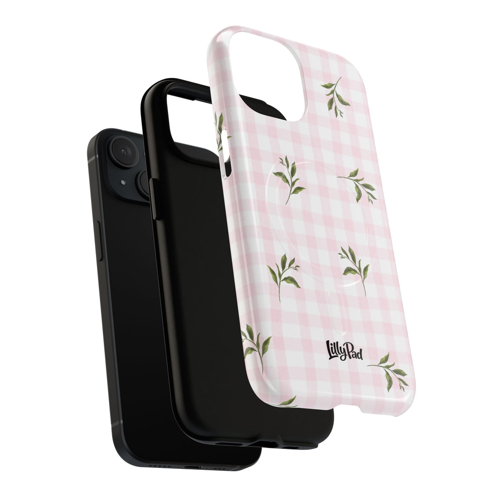 Pink Gingham with Green Leaves phone case | Tough Magnetic Cases