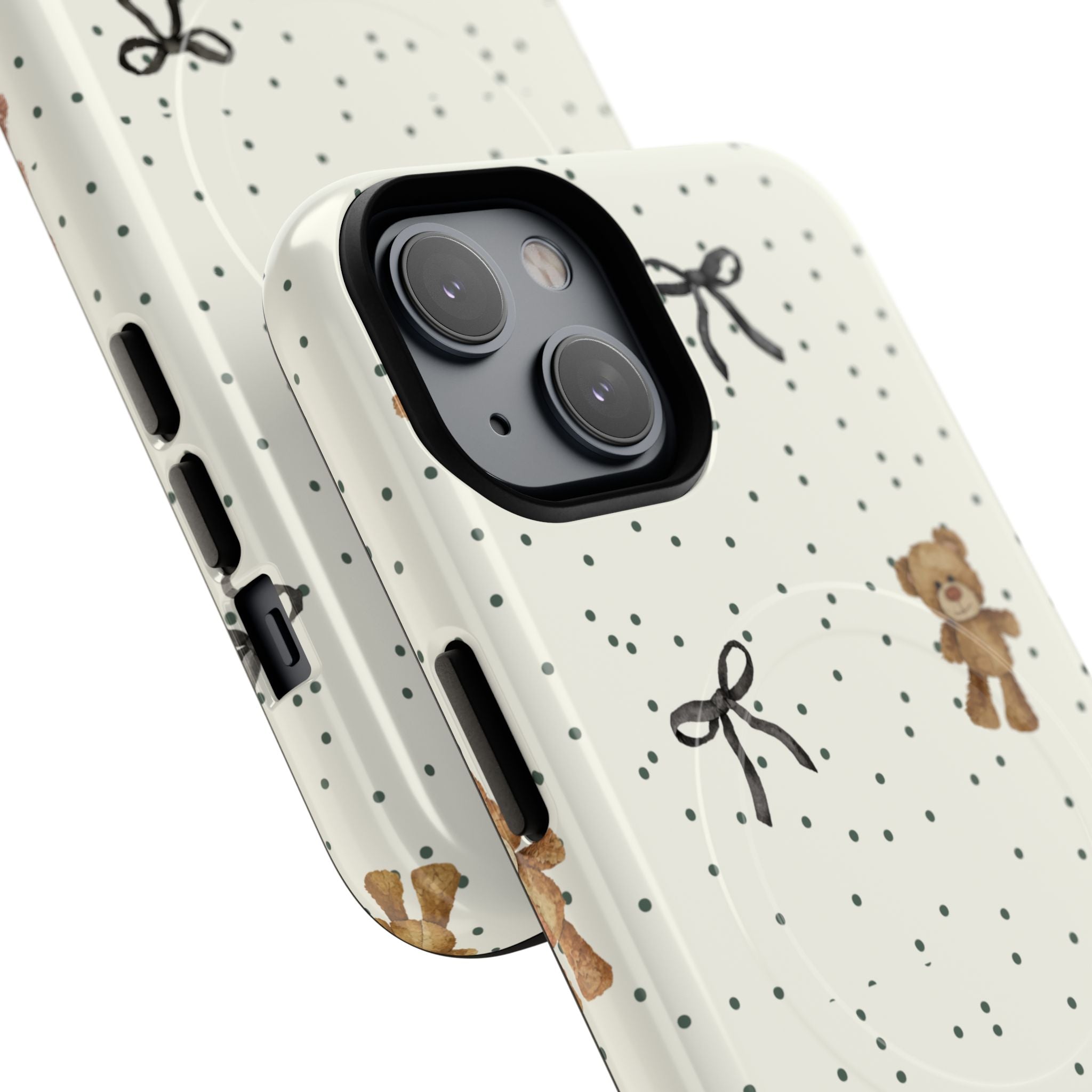 Teddy Bear Pattern Phone Case | Magnetic Tough Case, Polka Dot Bow Design