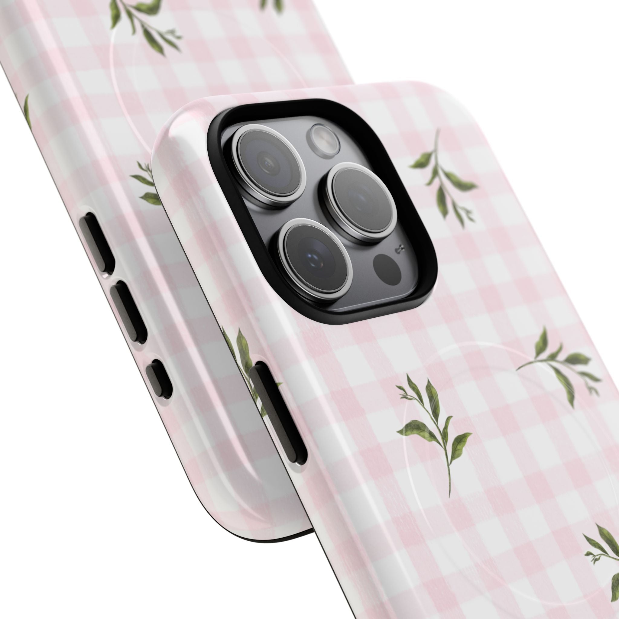 Pink Gingham with Green Leaves phone case | Tough Magnetic Cases