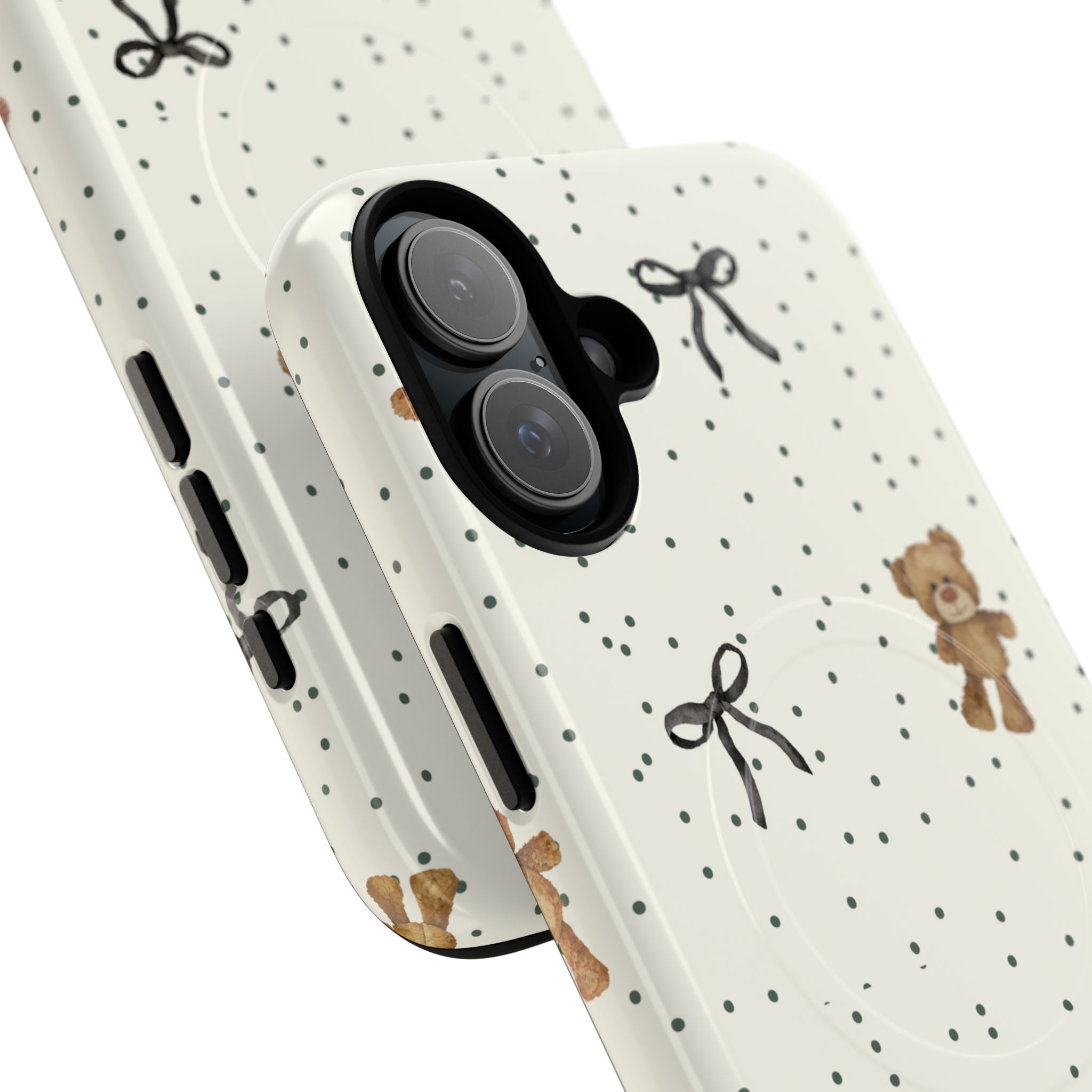 Teddy Bear Pattern Phone Case | Magnetic Tough Case, Polka Dot Bow Design