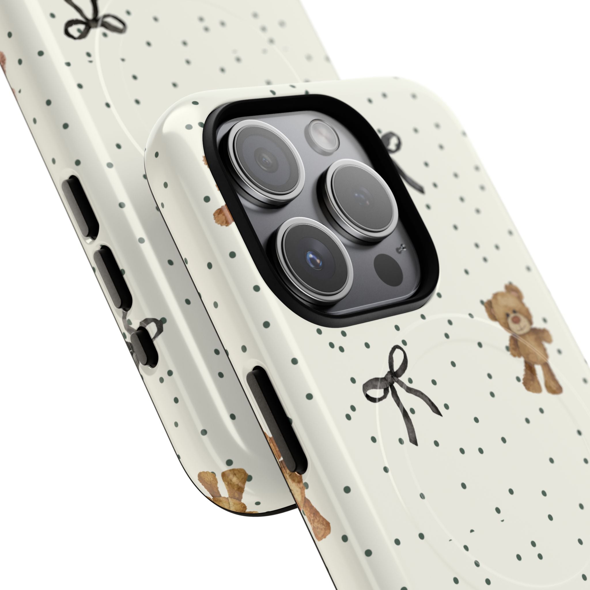 Teddy Bear Pattern Phone Case | Magnetic Tough Case, Polka Dot Bow Design