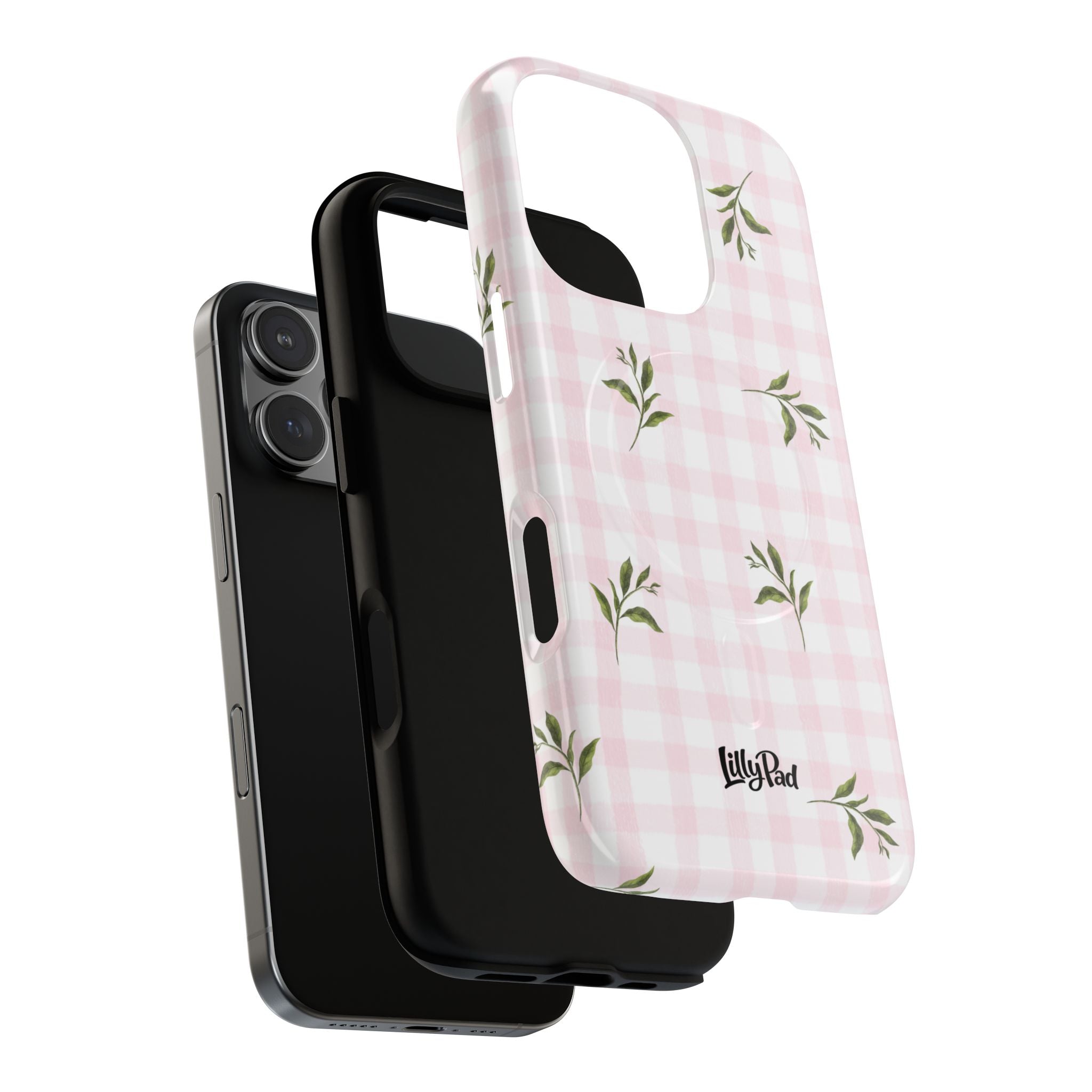 Pink Gingham with Green Leaves phone case | Tough Magnetic Cases